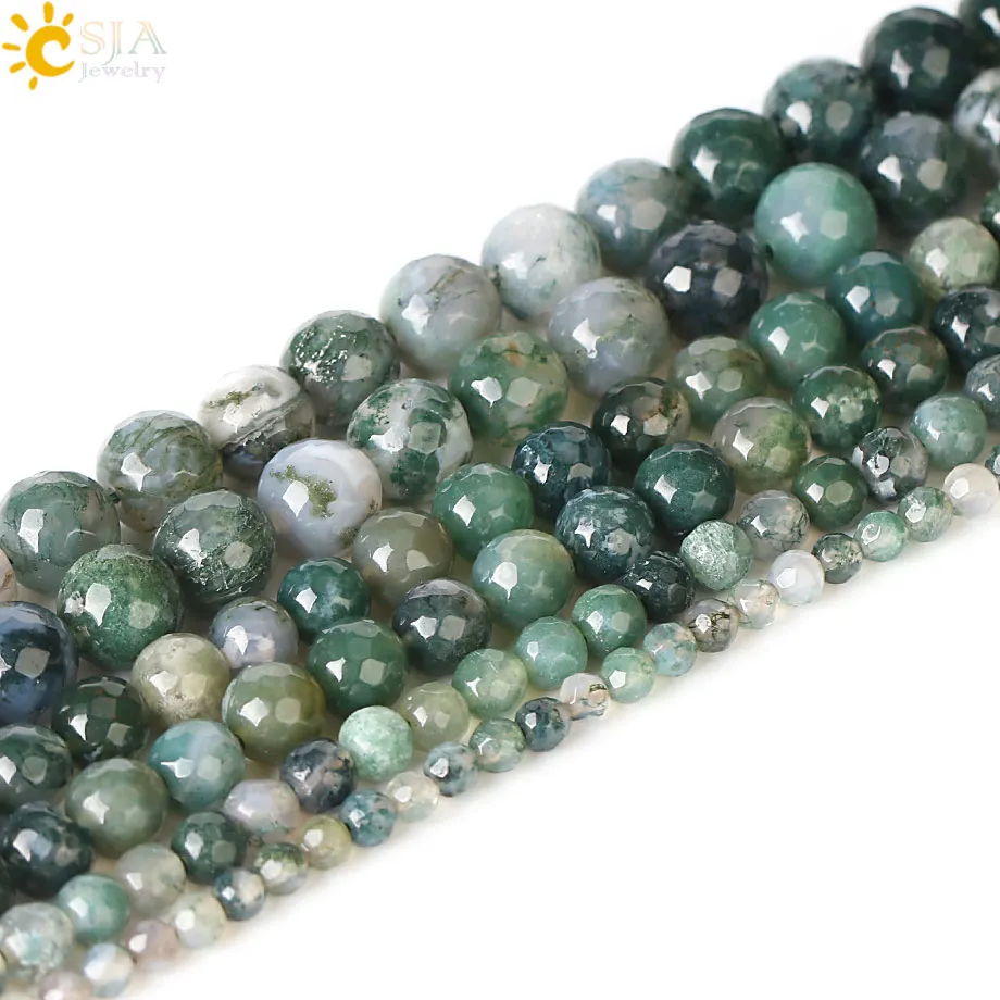 

CSJA Jewelry Bracelets Necklaces Making Natural Stone Loose Beads Facted Moss Agates Strand 4mm 6mm 8mm 10mm Nature Color F268
