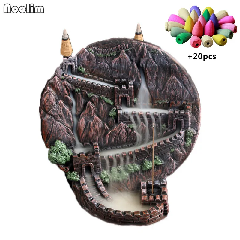 

Retro High Mountain Flowing Smoke Backflow Incense Burner Waterfall Great Wall Shape Censer Teahouse Home Decor + 20pcs Cones