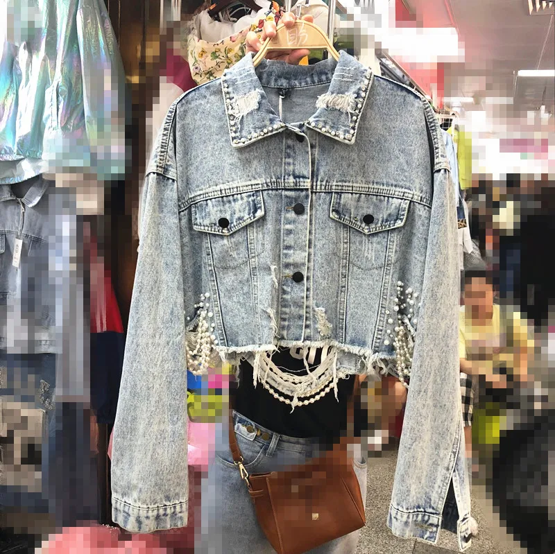 2019 ربيع المرأة حفرة جديدة رعاة البقر سترة المتناثرة الخرز قصيرة الدنيم معطف جاكيتات الفتيات سيدة فضفاض جان معاطف أبلى الطلاب