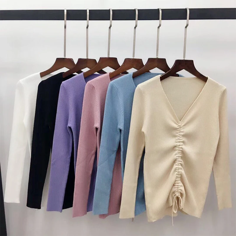 Autumn and Winter New Design Fashion Women Korean Vertion V Collar Kintted Long Sleeve Slim Bottom Casual Sweaters Pullovers | Женская