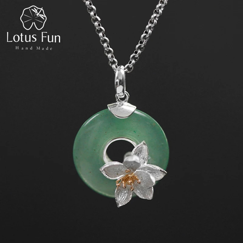 Lotus Fun Real 925 Sterling Silver Natural Green Stone Handmade Design Fine Jewelry Lotus Whispers Pendant without Necklace