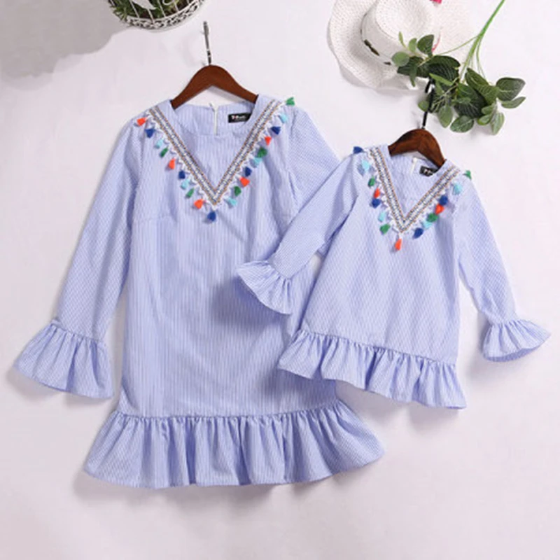 Mother-and-Daughter-Dress-Striped-Tassel-Kids-Baby-Girl-Woman-Fashion-Mini-Sundress-Family-Match-Clothes (3)_