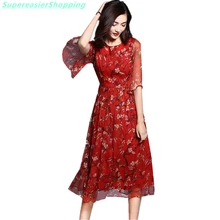 Floral Dress 2016 Summer Half Sleeve Pleated Fit Flare Long Silk Chiffon Print Dresses Women Plus Size Clothing Vestidos Jurken