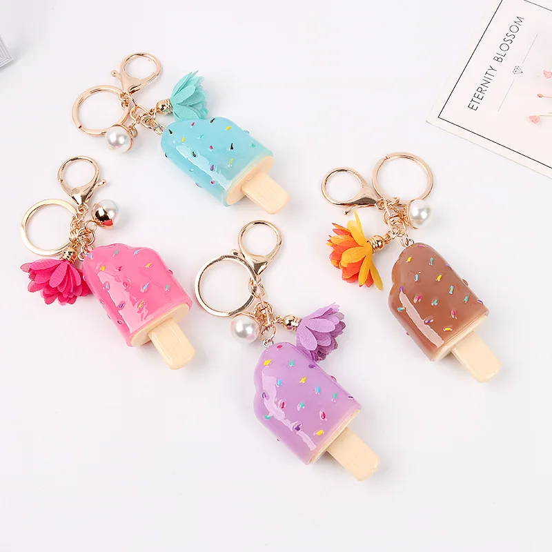 

Girls Heart Ice Cream Acrylic Key Chain Faux Pearl Creative Lovely luxury keychain wallet chain llaveros para mujer