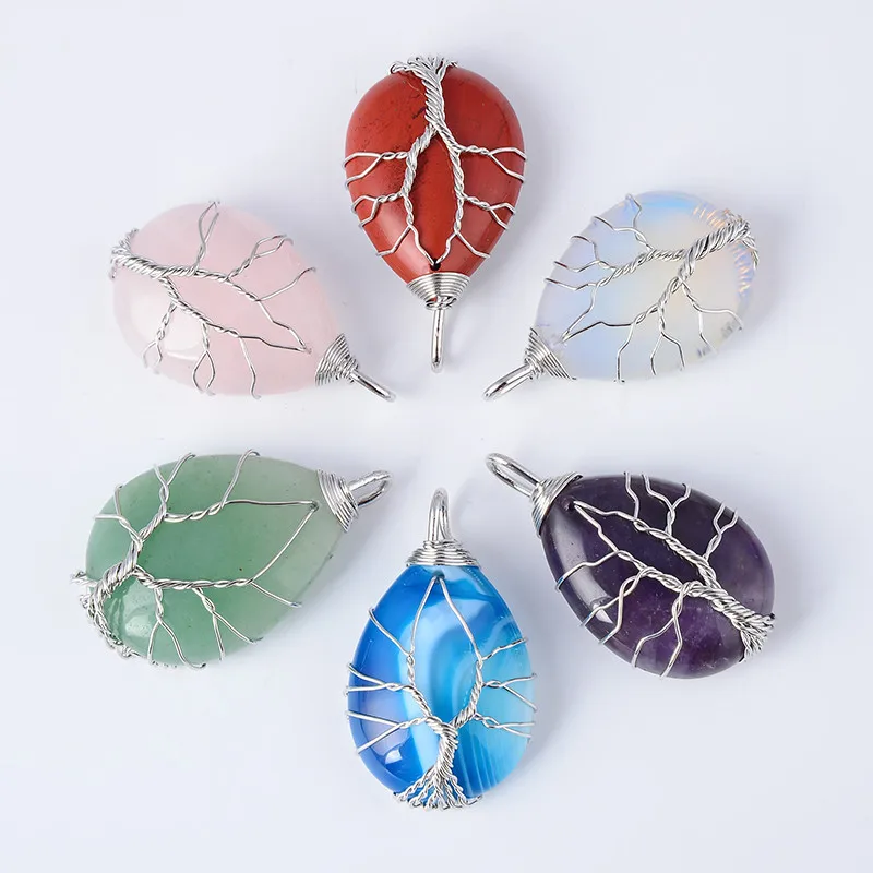 

New Natutal 1pc Pink Crystal Red Stone Aventurine Opal Amethysts Tiger eye Water Drop Handmade Wire Winding Life Tree Pendant