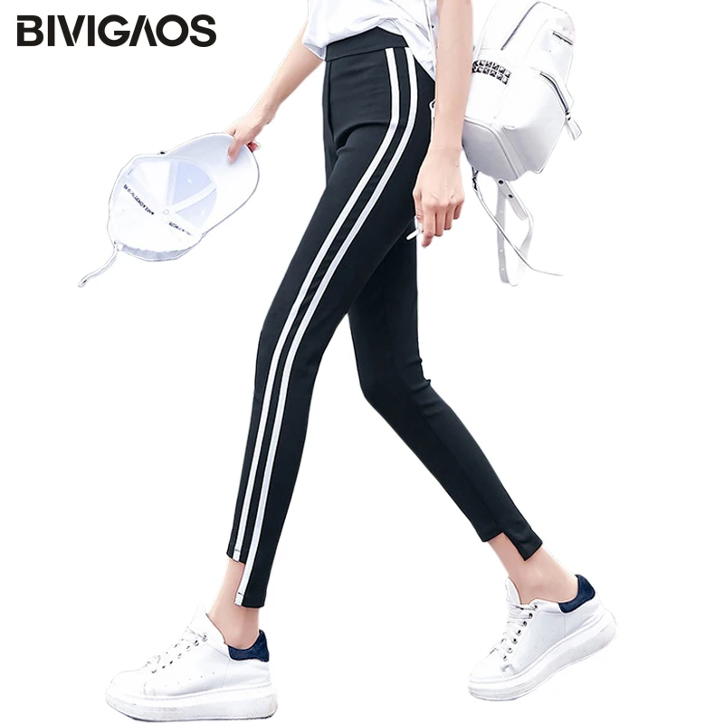 

BIVIGAOS New Fall Spring Women White Side Stripes Leggings Korean Casual Notch Bottom Skinny Slim Pencil Pants Woven Ninth Pants
