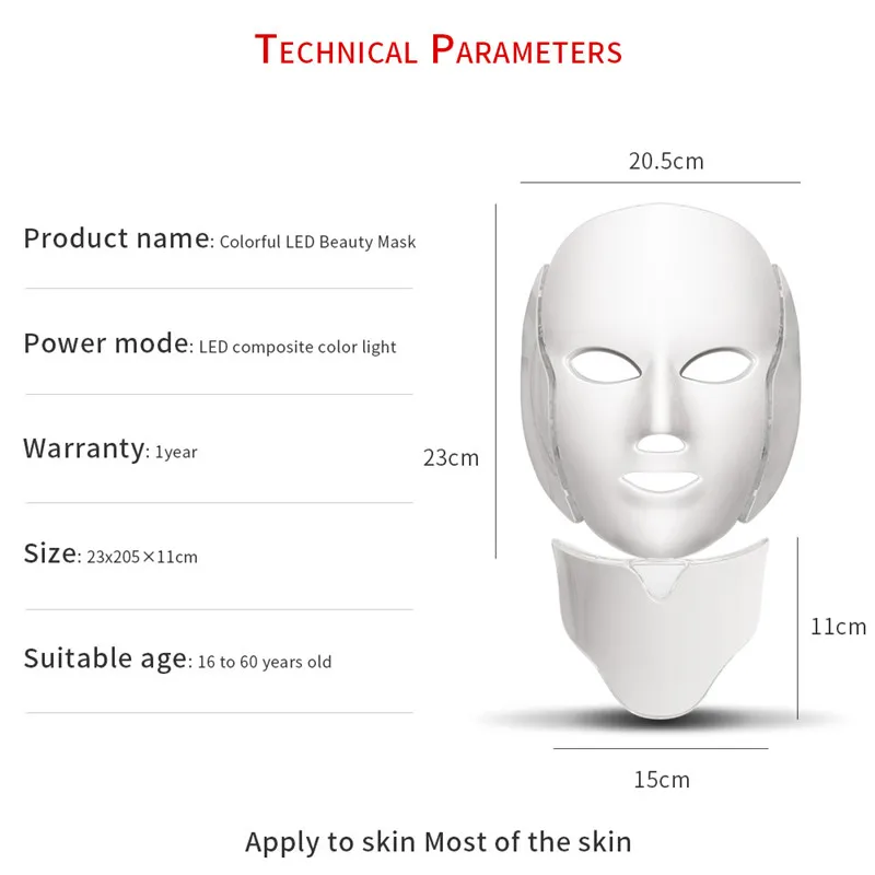 7 цветов свет светодиодный маска для лица с шеи Омоложение кожи Уход за лицом Красота анти акне терапия отбеливающий инструмент