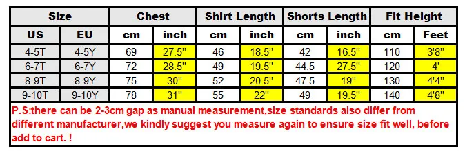 T-shirt sets size charat