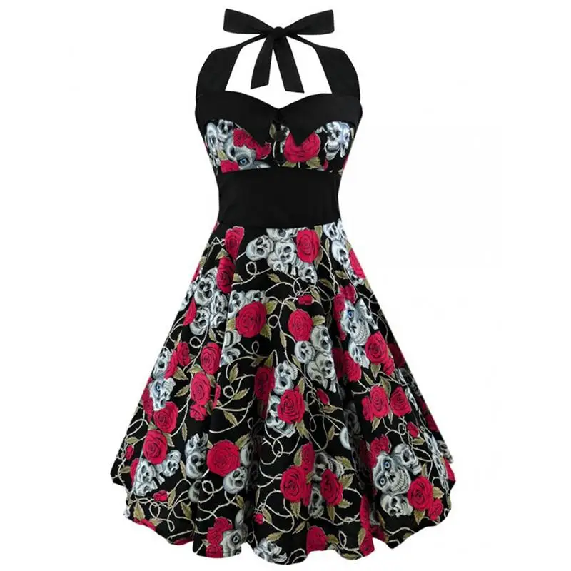 

MISS M 2018 New Retro Vintage Sleeveless Dress Women Fashion 3D Skull Floral Printed Dress Halter Sexy Party Dress Large Size