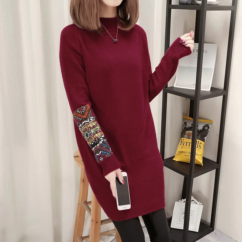 

2018 Winter Sweater Dress Women Turtleneck Knitted Appliques Patchwork Long Sleeve Loose Pullovers Thick Warm Dresses Knitwear