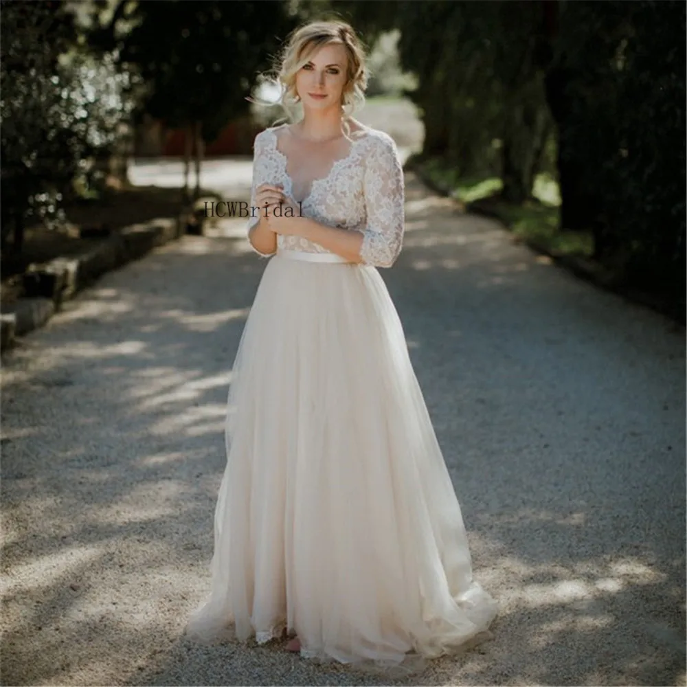 Simple Champagne Tulle Lace Wedding Dress V Neck Half Sleeve A Line