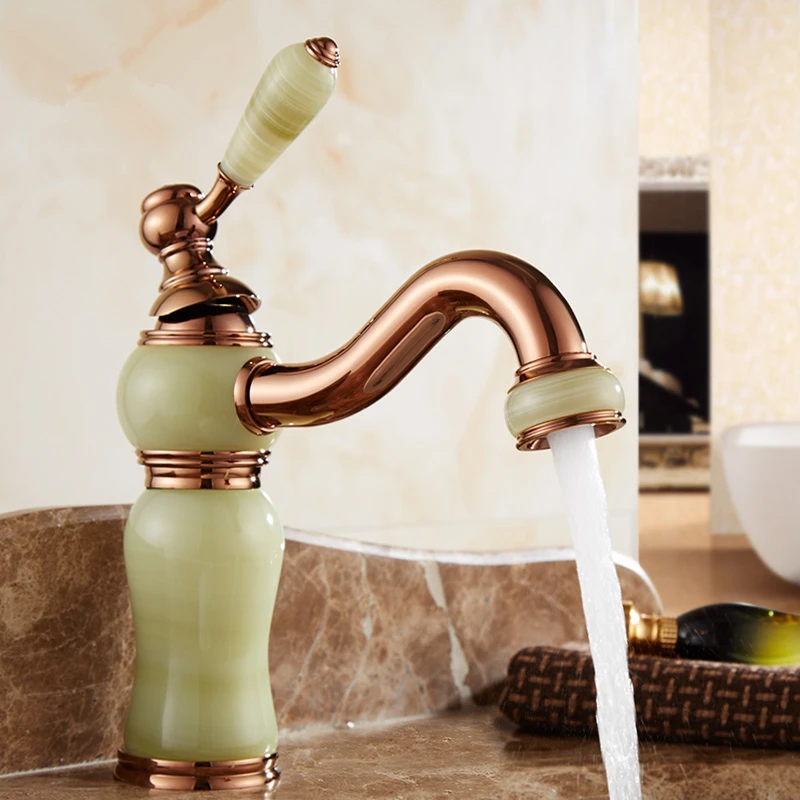 (6 Styles) Natural Jade Marble Design Rose Gold Bathroom Basin Faucet,Copper Mixer Tap Fashion Decorations for Home TP-1103