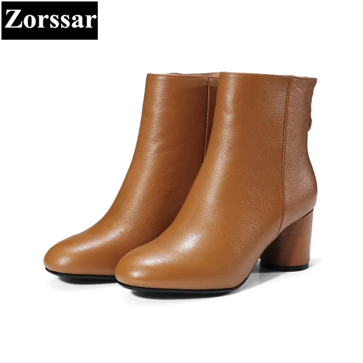 

{Zorssar} 2018 new arrival Large size Women shoes Thick heel zipper ankle Knight boots High heels womens boots winter , brown