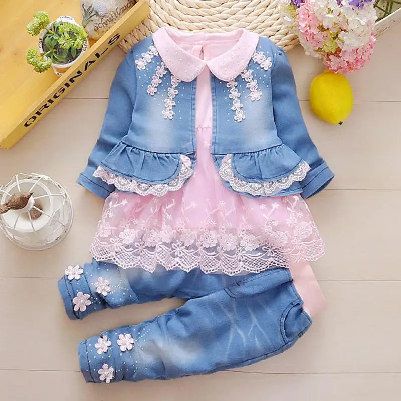 

New Fashion Spring Autumn Infant Baby Girls Denim Clothing Set 3pcs Lace Long Sleeve T Shirts + Jeans Jacket+ Pants Outfit