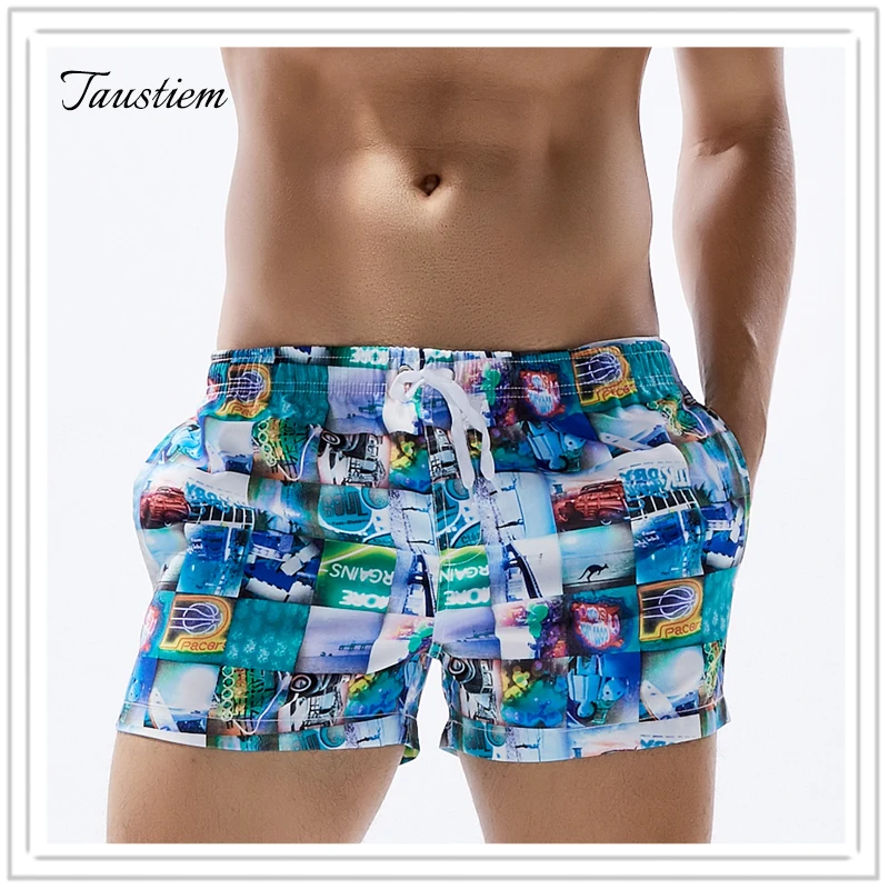 

Taustiem Brand Men Swimwear Swimsuits Board Beach Shorts Boxer Trunks Sea Casual Short Bottoms Quick Drying Pockets Short Pants