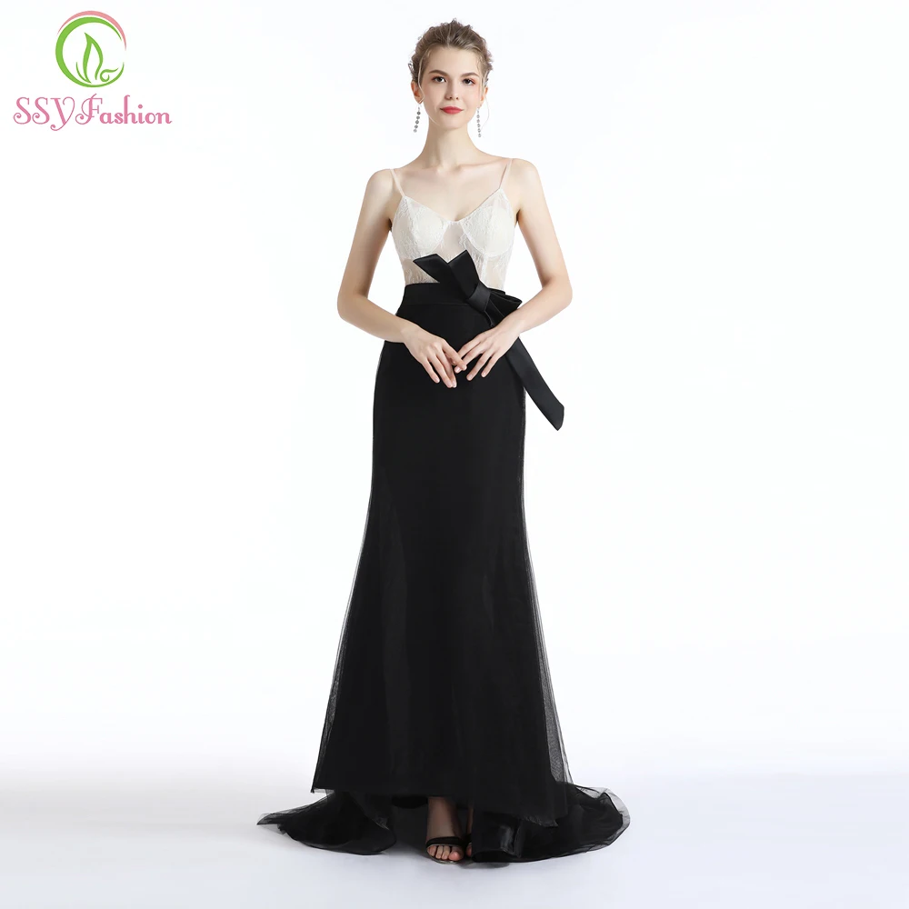 

Clearance Simple Evening Dress White with Black Lace Tulle Sexy V-neck Sweep Train Prom Gown Formal Dresses Robe De Soiree