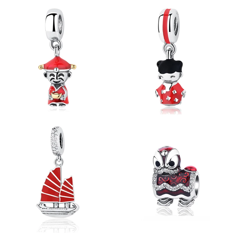 

925 Sterling Silver Bead Red Enamel Cute Chinese Doll Pendant Charm Fit Original Pandora Charm Bracelets For Jewelry making