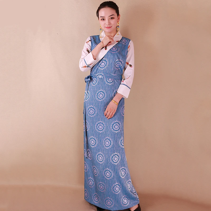 

New Spring autumn Chinese traditional costume tibet long robe elegant grown tang suit national dress women ethnic clothing