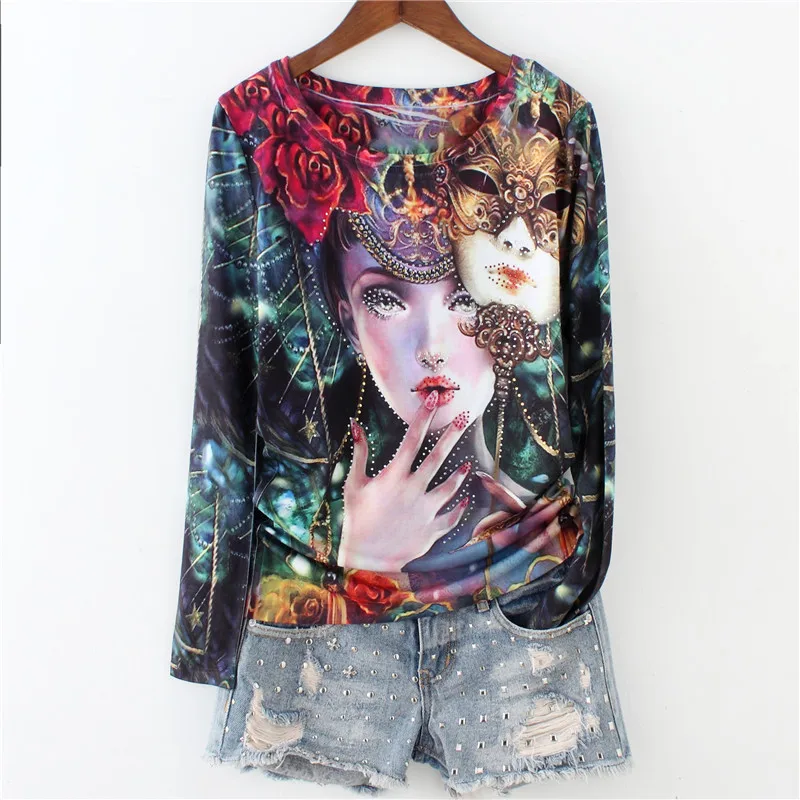 

Double character print slim t shirt women long sleeve fashion hot drilling tops 2019 new arrivals