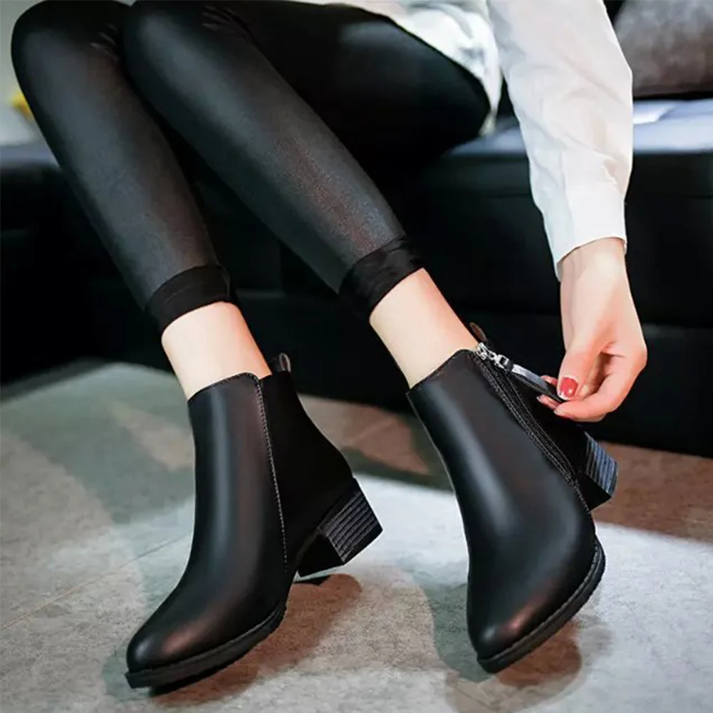 

Wedge Heel Middle Casual Solid Footwear Zipper Spring Autumn Pointed Toe Women Ankle Boots Synthetic PU Warm Thick