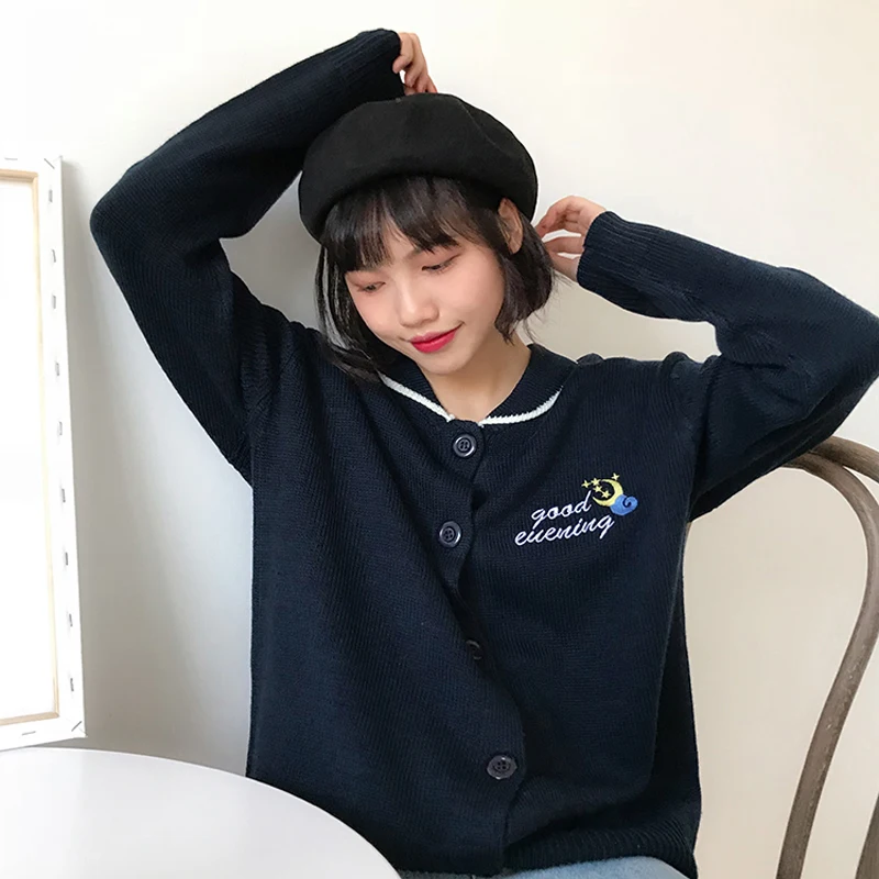 

2019 New Autumn Winter Long Sleeve Knitted Cardigans Coats Institute Wind Cute Crew Neck Embroidery Sweaters