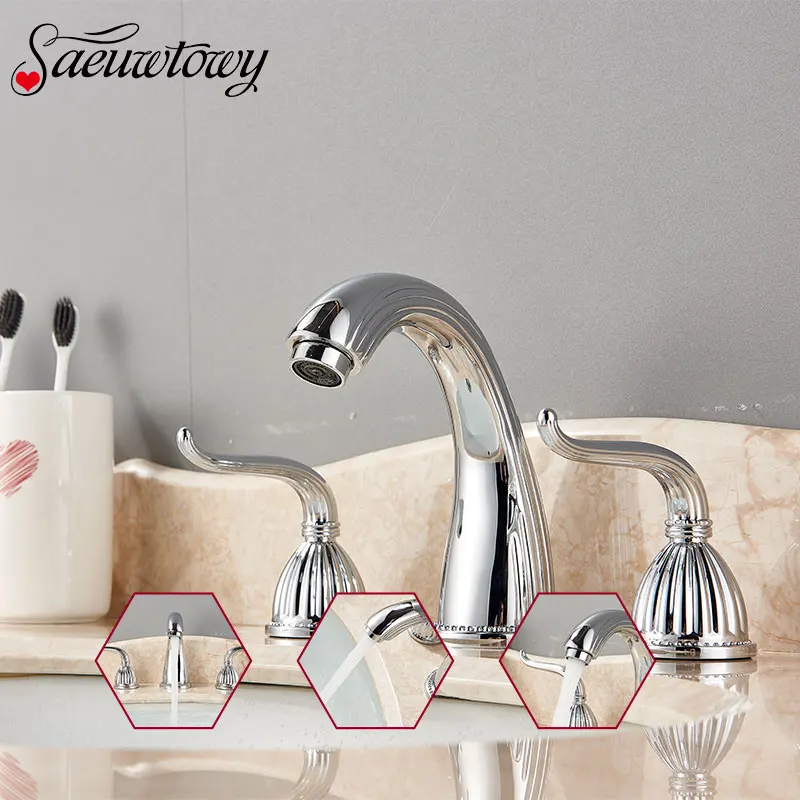 

Saeuwtowy Chrome Bathtub Sink Faucet Hot and Cold Basin Mixer Tap Deck Mounted Dual Handle Three Hole