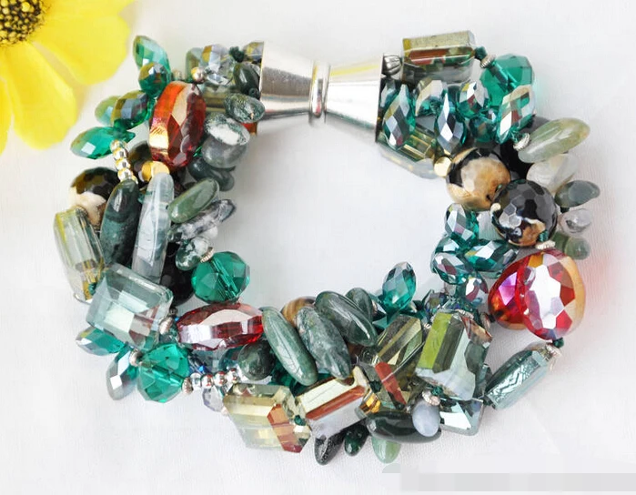 

free shipping 09375 4strands round black agate dens green jade red ellipse crystal bracelet