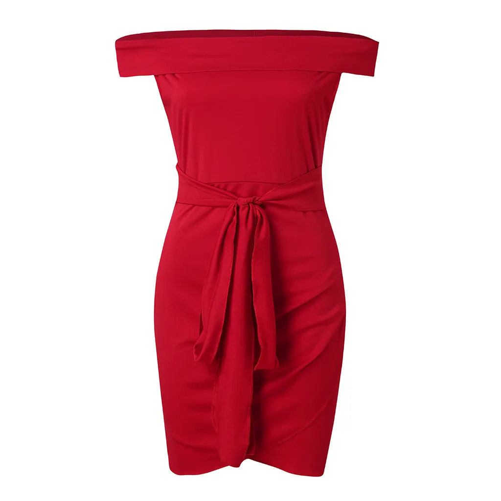 Женское мини-платье с вырезом лодочкой, с открытыми плечами, с поясом, с рюшами, вечернее вечерние платья, женские вечерние платья для ночного офиса W429 - Цвет: Red