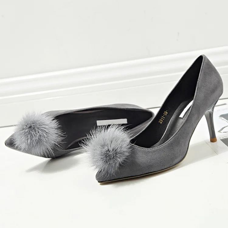 LALA IKAI Fur Pompon Decoration Women's Heels 2017 Fashion Flock 2017 Women's Pumps Wedding Shoes 040C0922-4 (2)