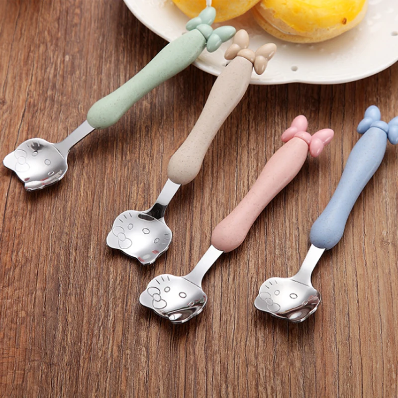 

1set Cartoon 2 In 1 Set Kawaii Wheat Straw Kitty Spoon Children Dinnerware Kitchen Accessories Tool