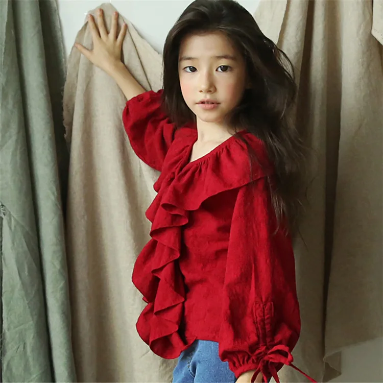 

Korean Spring And Autumn Girl Flounce V-neck Shirt Pure Cotton Long-Sleeved Doll Shirt Princess Wind Shirt