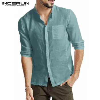 

INCERUN Stylish Men Brand Shirt 3/4 Sleeve Pockets Breathable Streetwear 2020 Stand Collar Loose Camisa Solid Beach Shirts Men