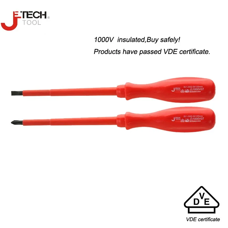 Jetech VDE test slotted 0.4mm 0.8mm 1.0mm 1.2mm phillips #0 #1 #2 1000v insulated screwdrivers with magnetic for electrical tool