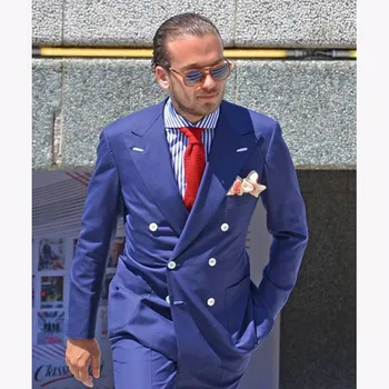 

High Quality Double Breasted Blue Groom Tuxedos Peak Lapel Groomsmen Best Man Mens Wedding Suit (Jacket+Pants+Tie) W:403