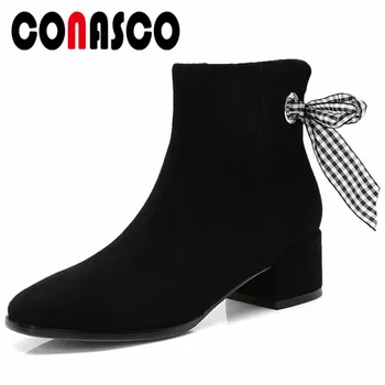 

CONASCO Elegant Women Office Pumps Square High Heels Genuine Leather Ankle Boots Butterfly Knot Party Shoes Woman Basic Boots