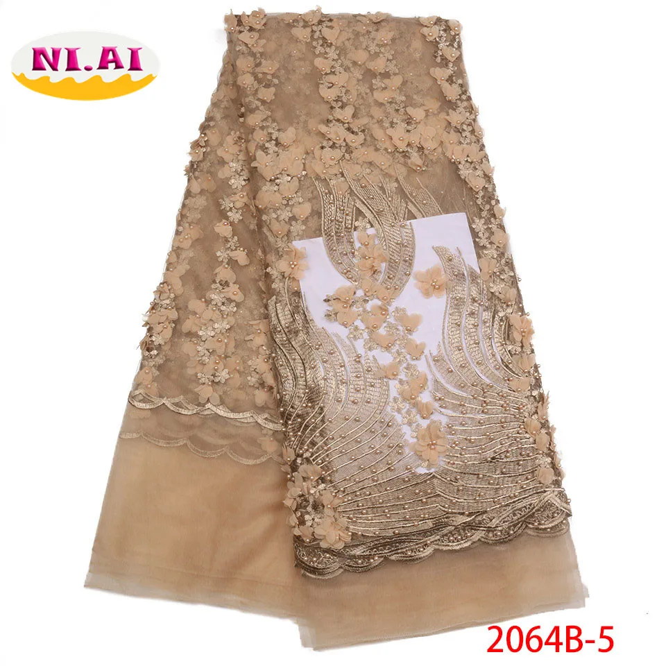 

3D Applique Embroidery Lace, Ni.Ai Lace Fabric, Gold Beaded Lace Fabric For Wedding Dress MR2064B