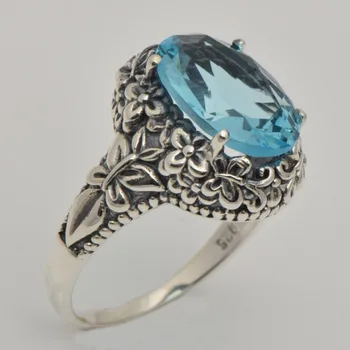 

2015 free shipping new trend fashion personality women 925 sterling silver jewelry, fine carving antique oval aquamarine ring