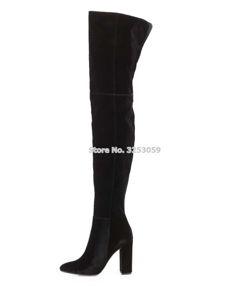

ALMUDENA Black Velvet Chunky Heel Over The Knee Boots Thick High Heels Zipper Long Boots Thigh High Boots New Fall Winter Shoes