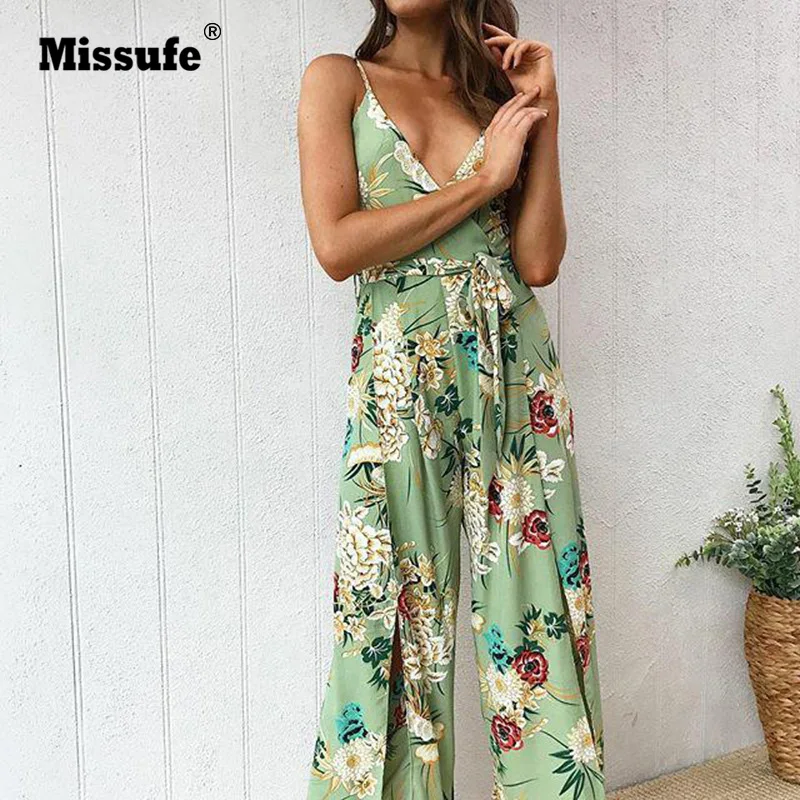 Missufe Women Jumpsuit Sexy Side Slit Split Floral Print Long Playsuit Summer Casual Beach Romper V Neck Tunic Straight Overalls Missufe Women Jumpsuit Sexy Side Slit Split Floral Print Long Playsuit Summer Casual Beach Romper V Neck Tunic Straight Overalls