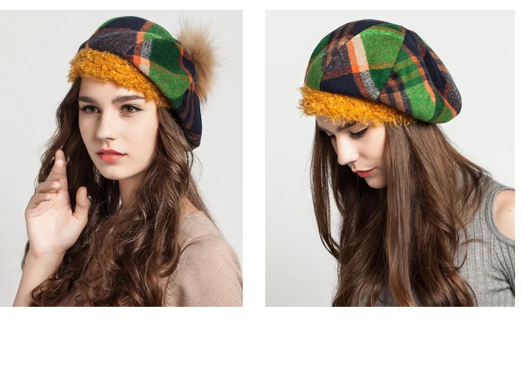 FS французский клетчатый берет, шапка для женщин, Зимний Большой енотовый шар, шотландская шапка с помпонами, модные женские шапки для художника