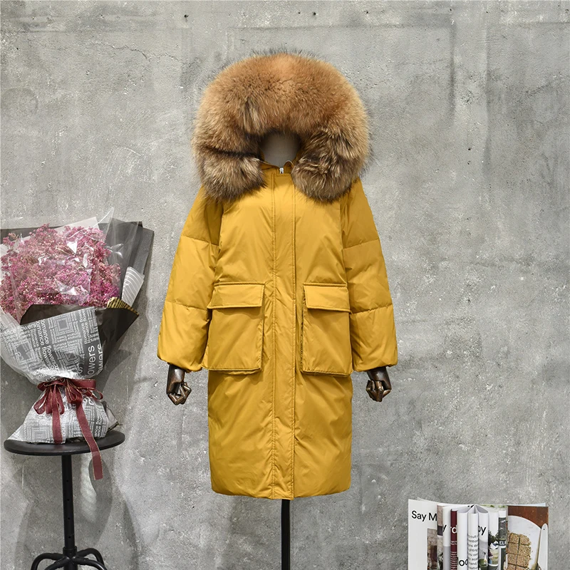 

Women's Winter Warm Long White Duck Down Jackets Thicken Real Raccoon Fur Collar Hooded Parka Female Natural Fur Outerwear Coat