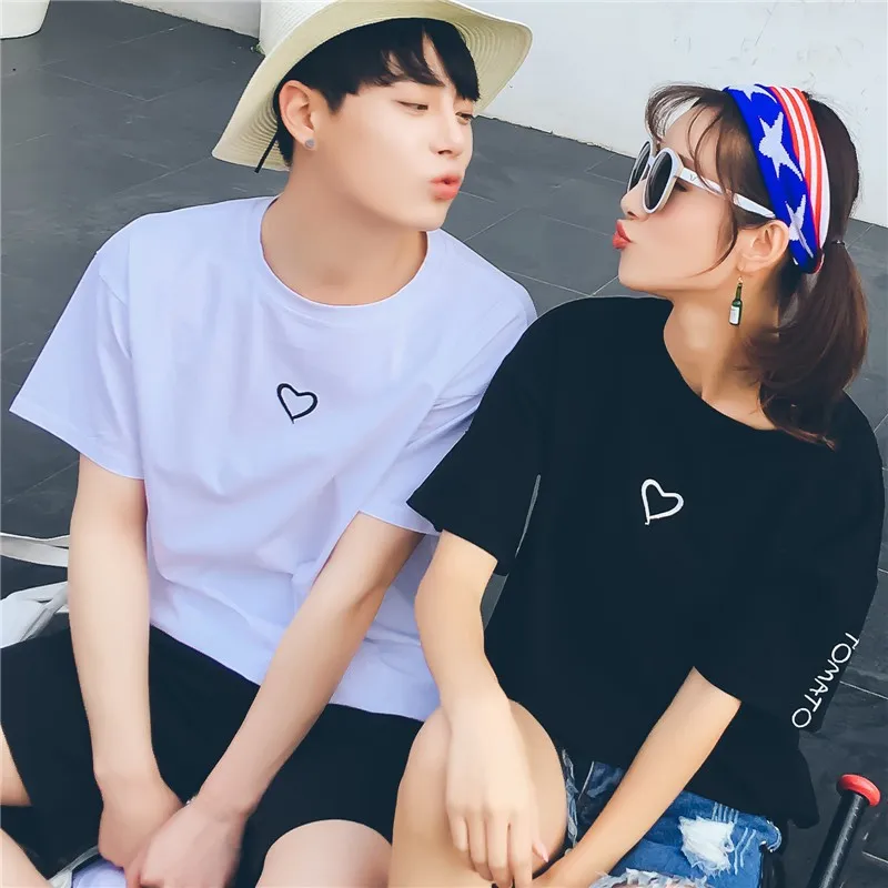 Unisex T-shirts Tops Plus Size Embroidery Letter Couples T-shirt Love Heart O-neck Casual T shirt Tops For Couple Lovers