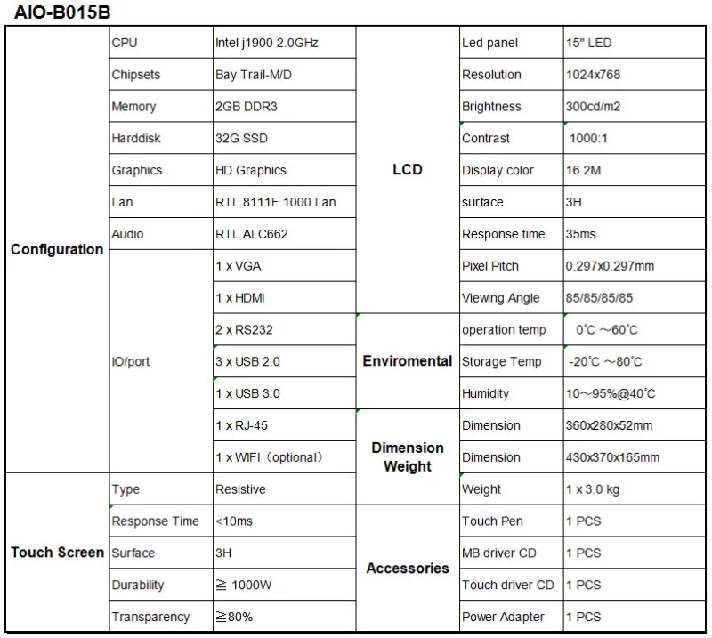 Настольный компьютер 1" дюймовый Intel J1900 2,0 GHz сенсорный экран 1024x768 все в одном ПК с 32G SDD 2GB ram USB/Wifi/HDMI/RS232/VGA