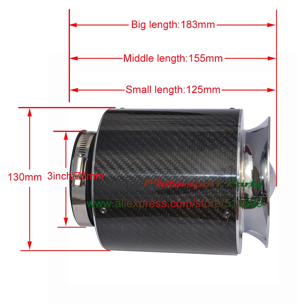 3 ''Черный углеродного Волокно холодного воздуха гоночный автомобиль воздушный фильтр Универсальный(3 размера на выбор
