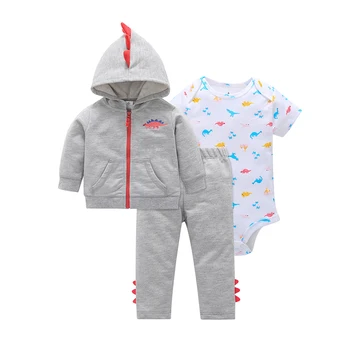 

2019 autumn baby boy clothes long sleeve cartoon dinosaur hooded coat+romper+pants 3PCS outwear clothing set baby girl outfits