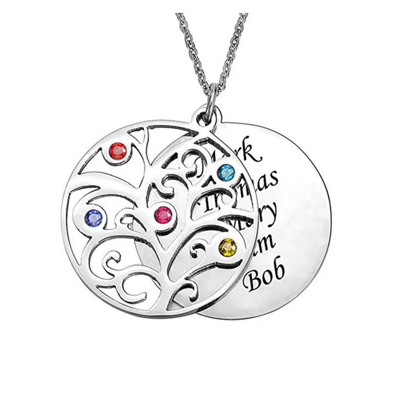 

Personalized Family Tree Round Necklace custom Our Family Name and Birthstone Necklace 925 Silver Jewelry for women#EW40