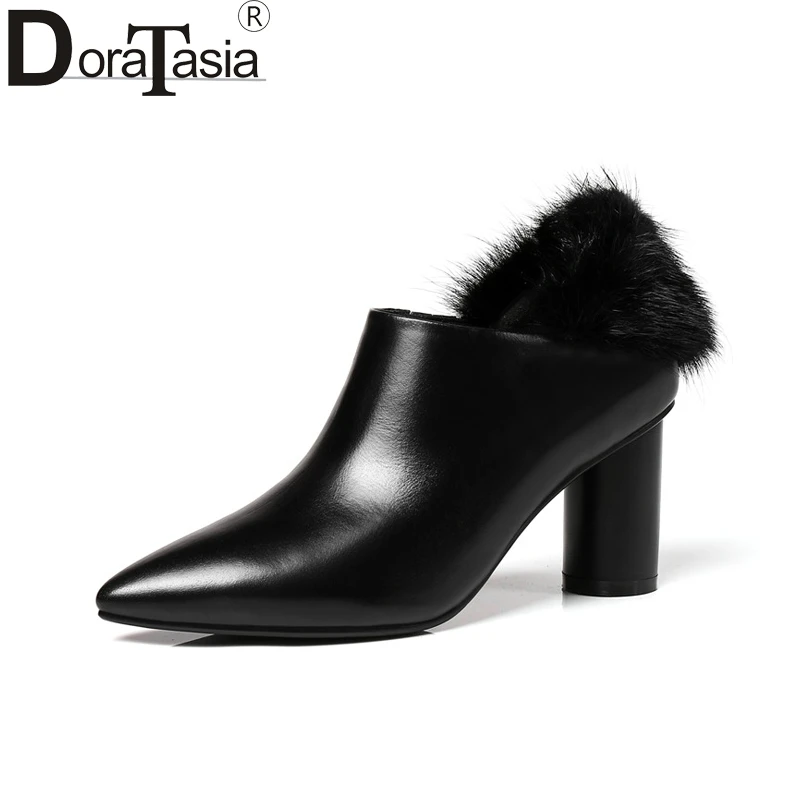 

DoraTasia Brand New Square High Heels Pointed Toe Genuine Leather Shoes Woman Casual Spring Pumps Black Big Size 33-43