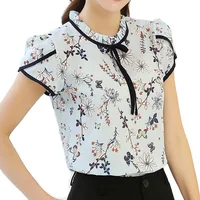 Women's Short Sleeve Printing Chiffon Shirt Summer Large Size Female Bowknot Tops Ladies Leisure Fashion Blouses Shirts H9058 1