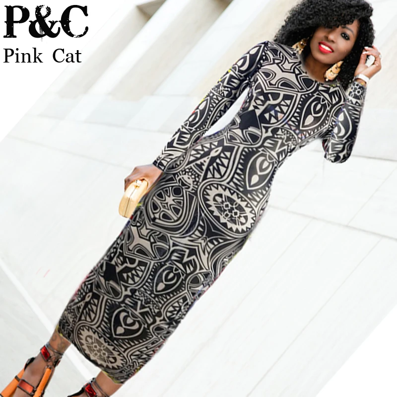 printed mesh maxi dress