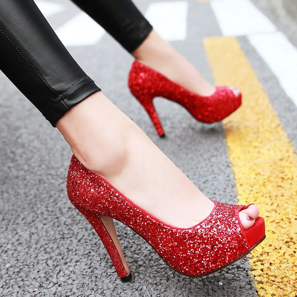 Sgesvier/пикантные блестящие женские туфли-лодочки с открытым носком на очень тонком высоком каблуке; шикарные женские туфли на платформе для выпускного; Элегантные Осенние тонкие туфли; B429 - Цвет: Красный